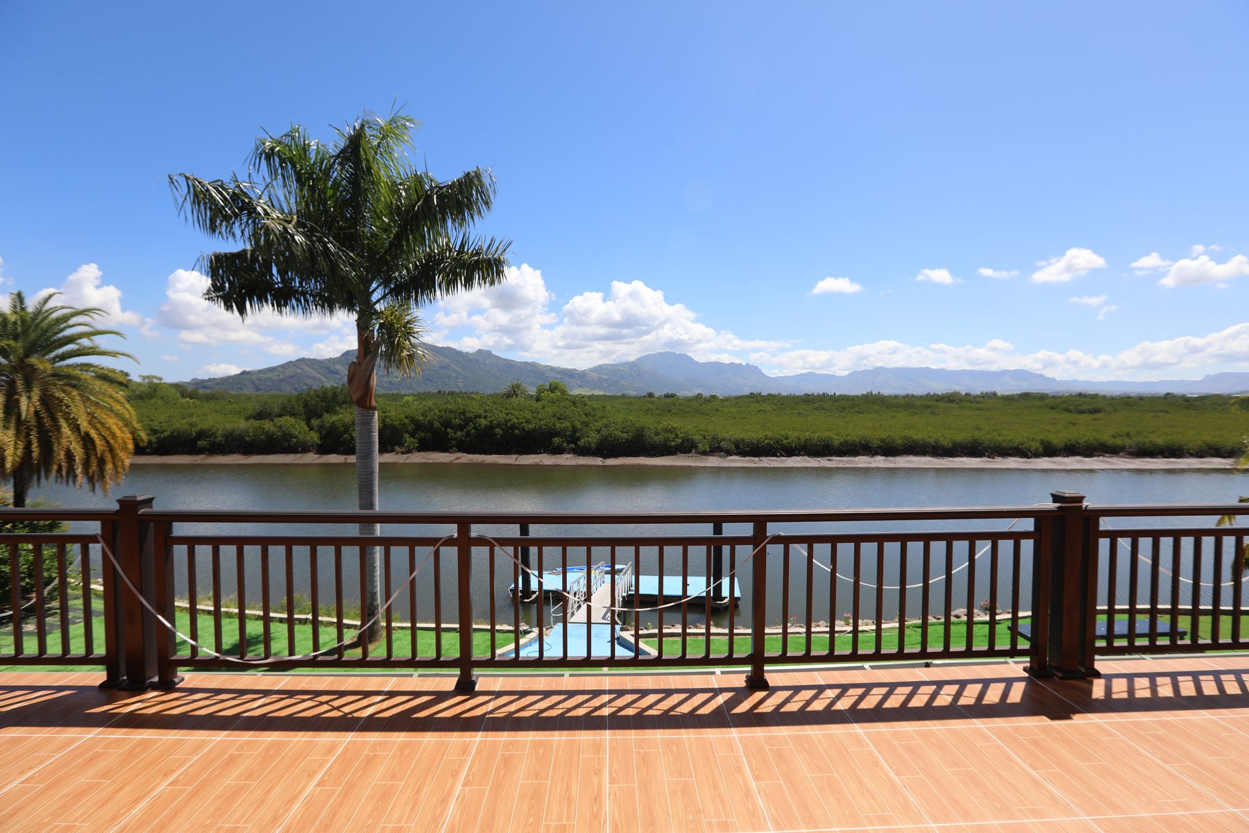 The upper terrace looking out over the lake to the mountains