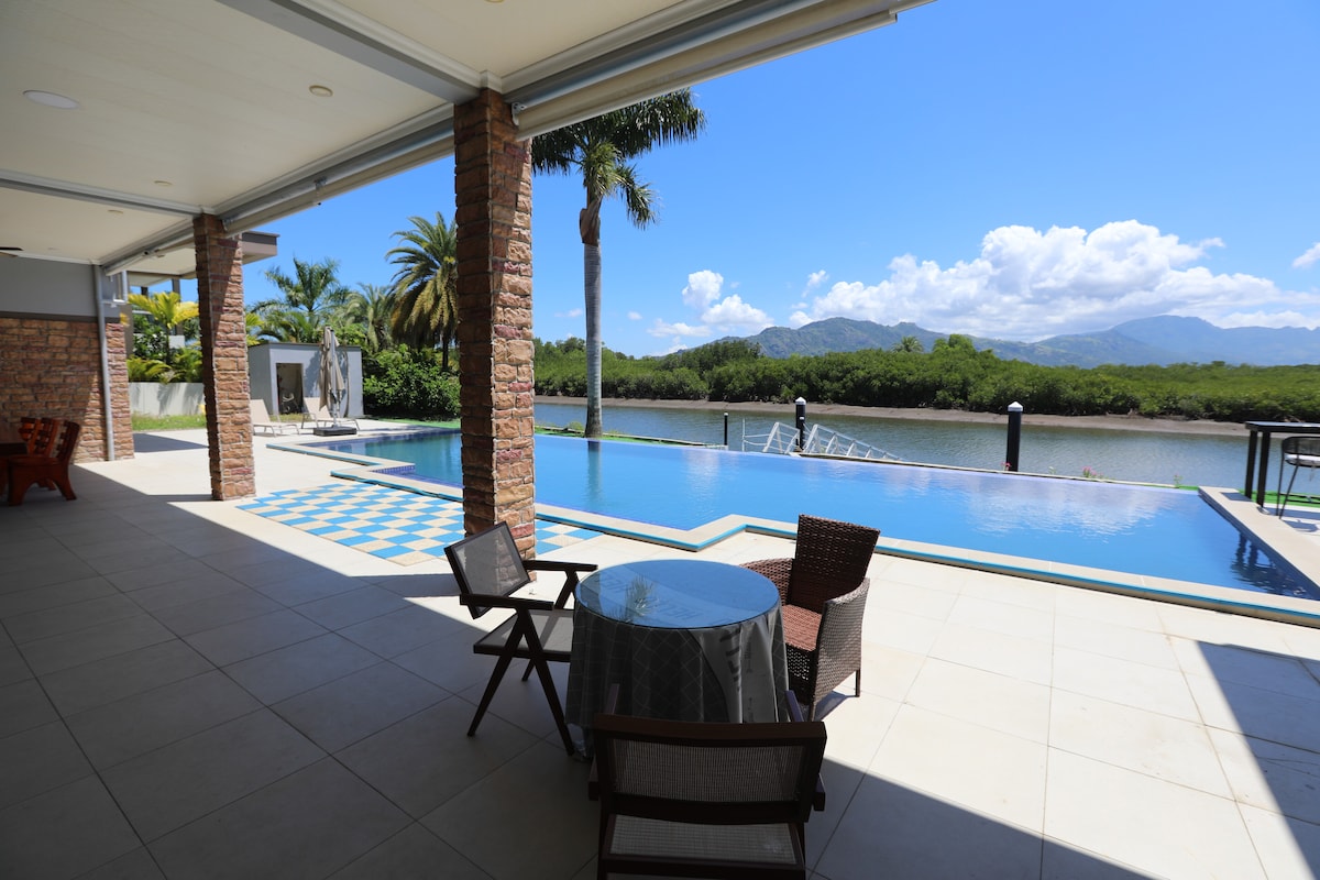 The poolside lanai where guests relax
