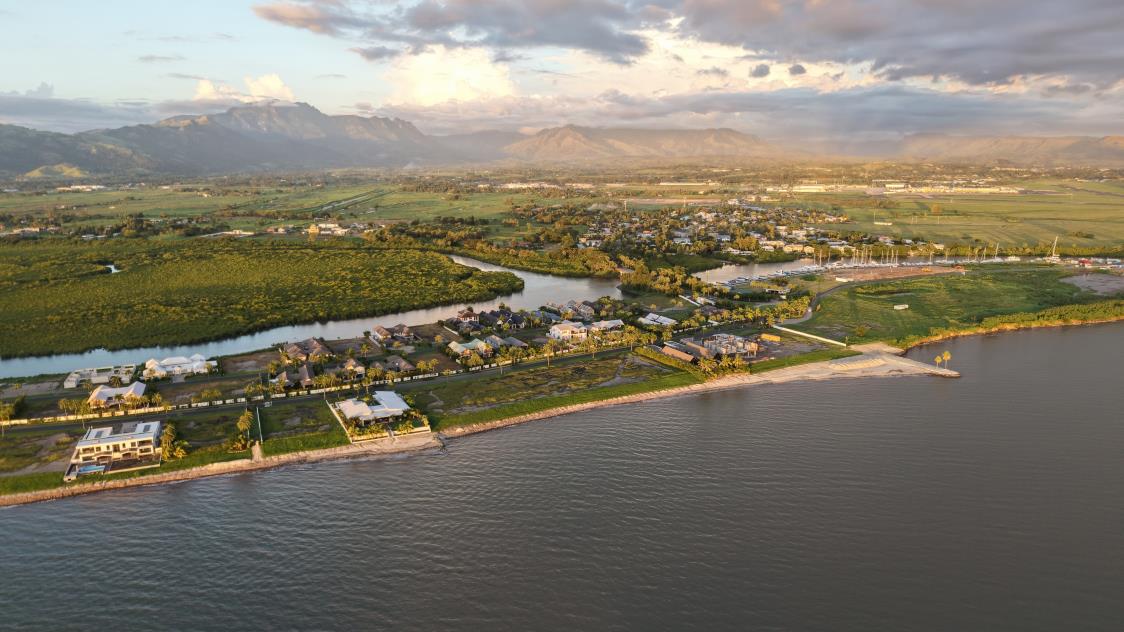 Aerial view of Naisoso Island showing Villa 102 on the waterfront